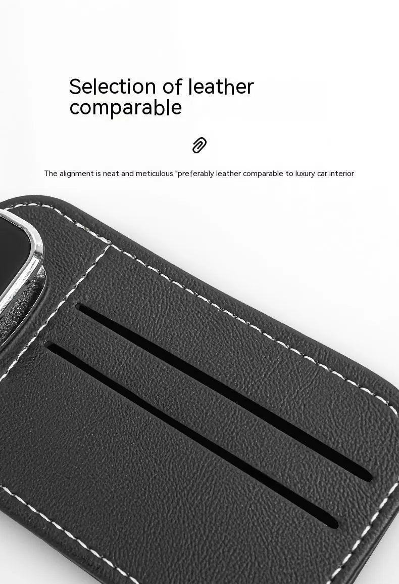 Cowhide leather car sunglasses holder with card slots, shown in colour options, attached to a vehicle sun louver.