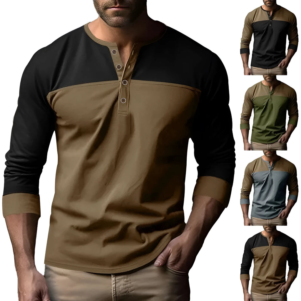 Men's long sleeve casual T-shirt with Henry collar in retro colour matching design
