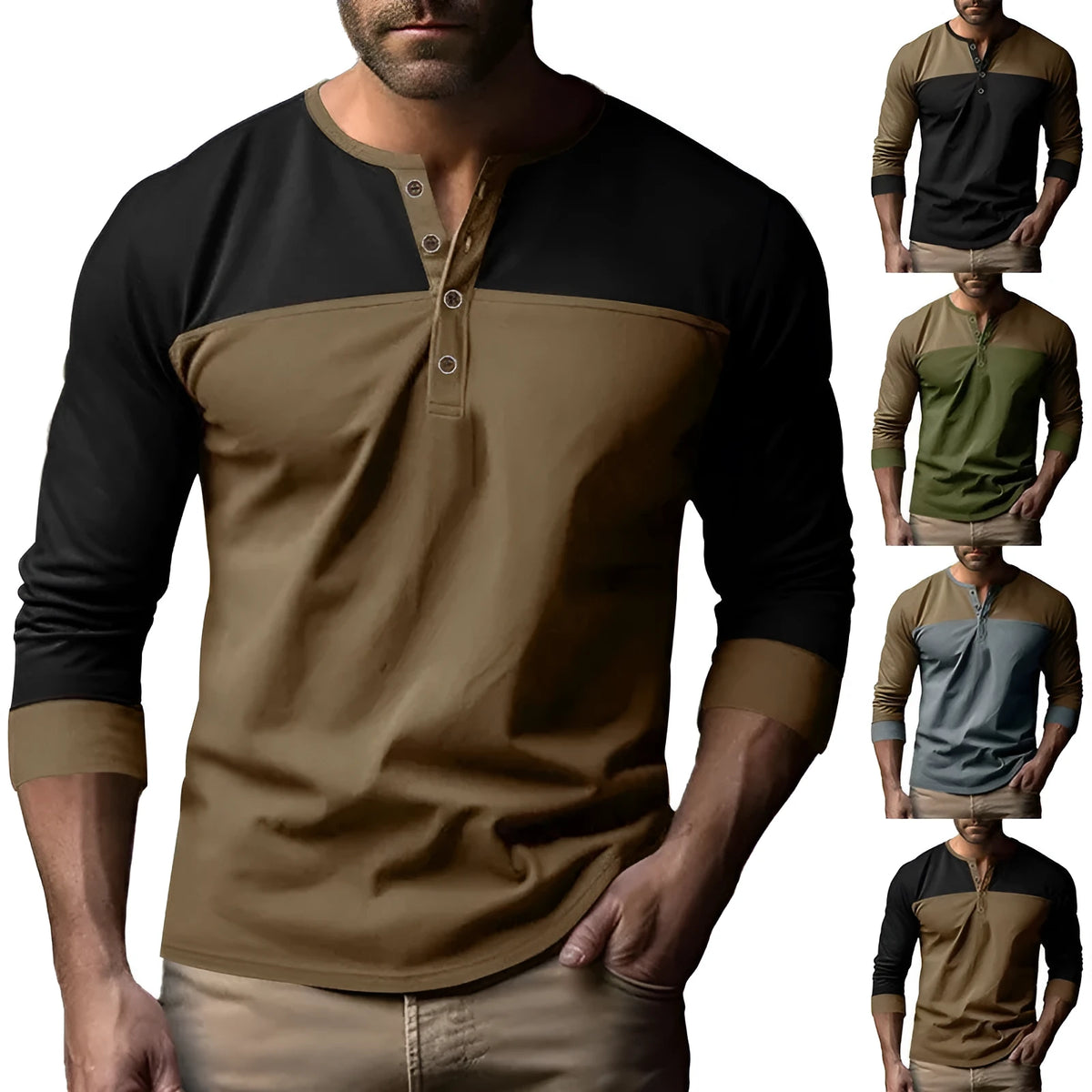 Men's long sleeve casual T-shirt with Henry collar in retro colour matching design