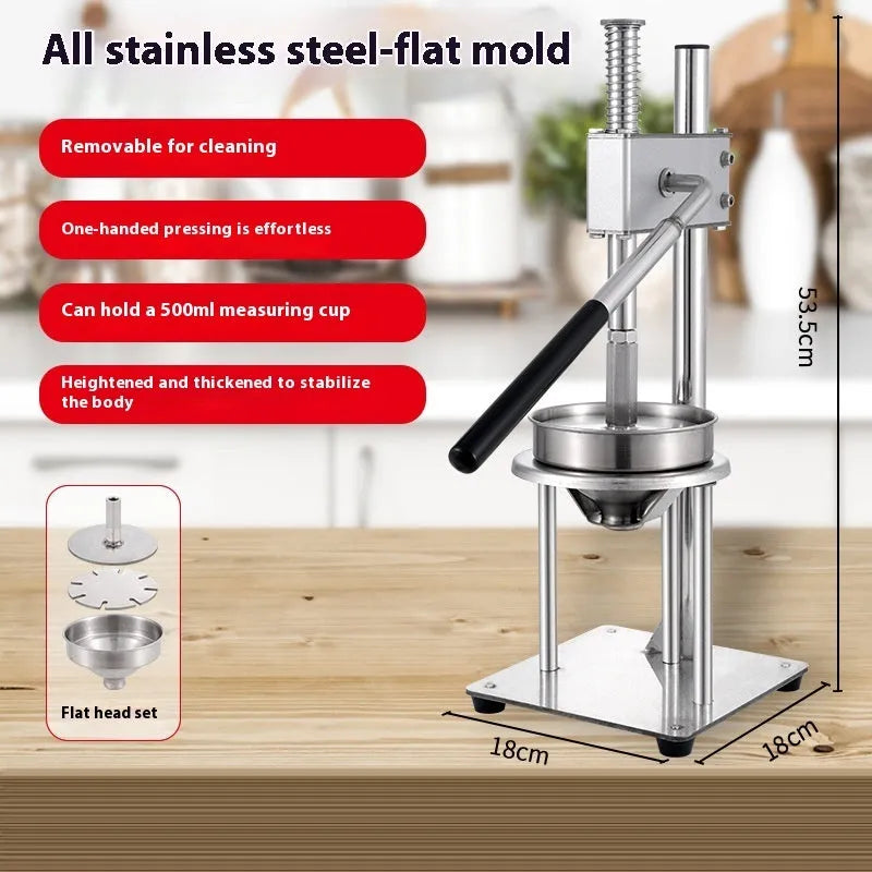 Manual stainless steel and nylon orange juice juicer on a counter, showing flat mold and colour options.