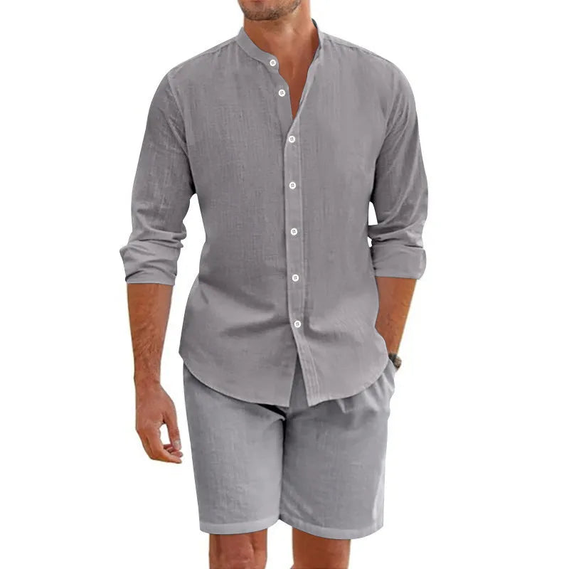 Men's dark grey linen-blend short sleeve shirt and drawstring shorts summer suit set