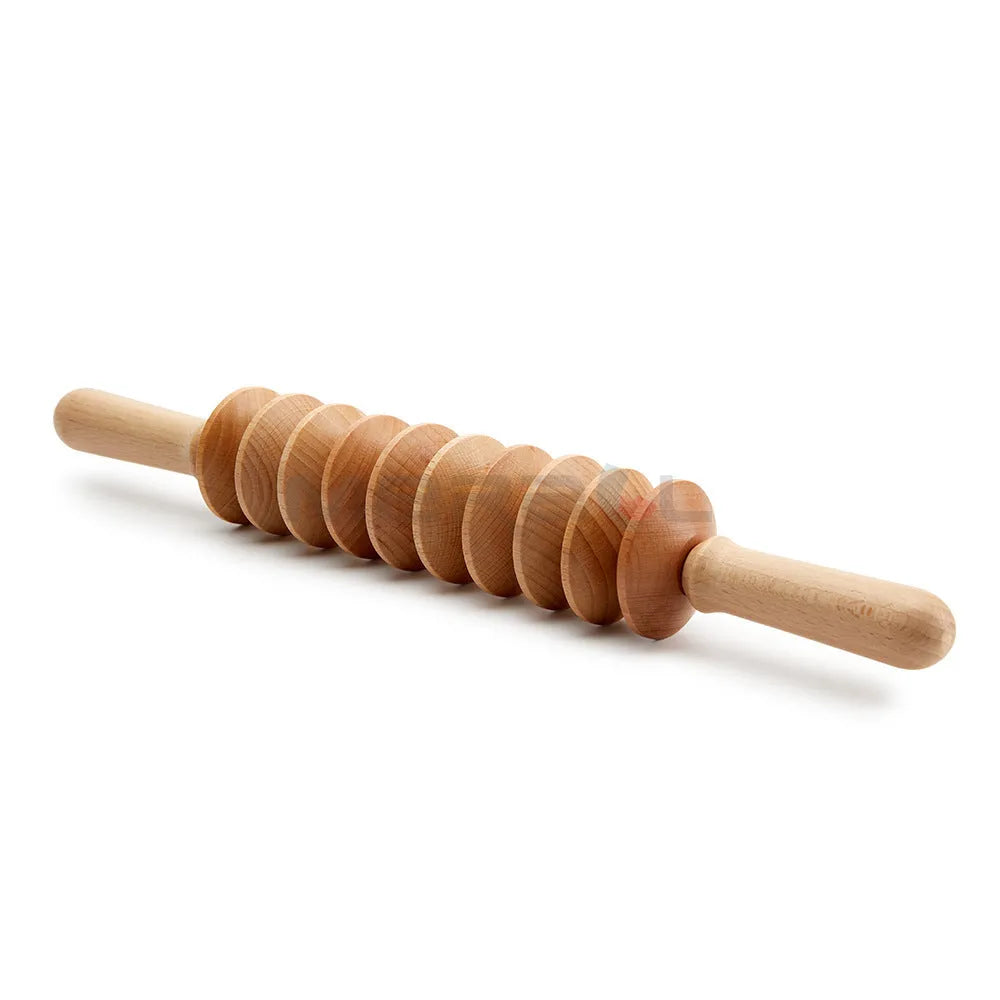 Natural beech wood massage roller set showing T-shaped roller and various wheel massage tools