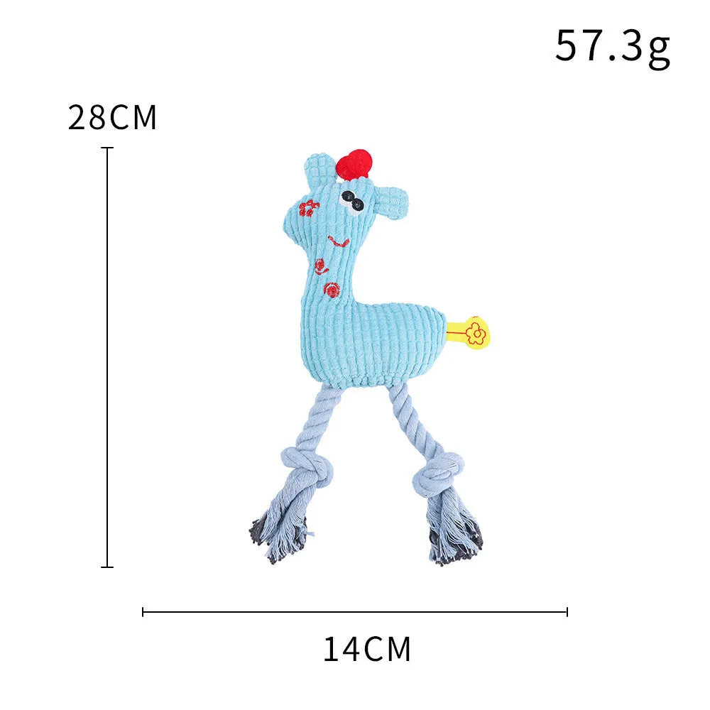 Blue deer-shaped plush pet toy with corn grain texture detail