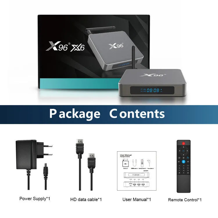 Smart Voice Set-top Box with remote, HDMI cable, and power adapter on a table.