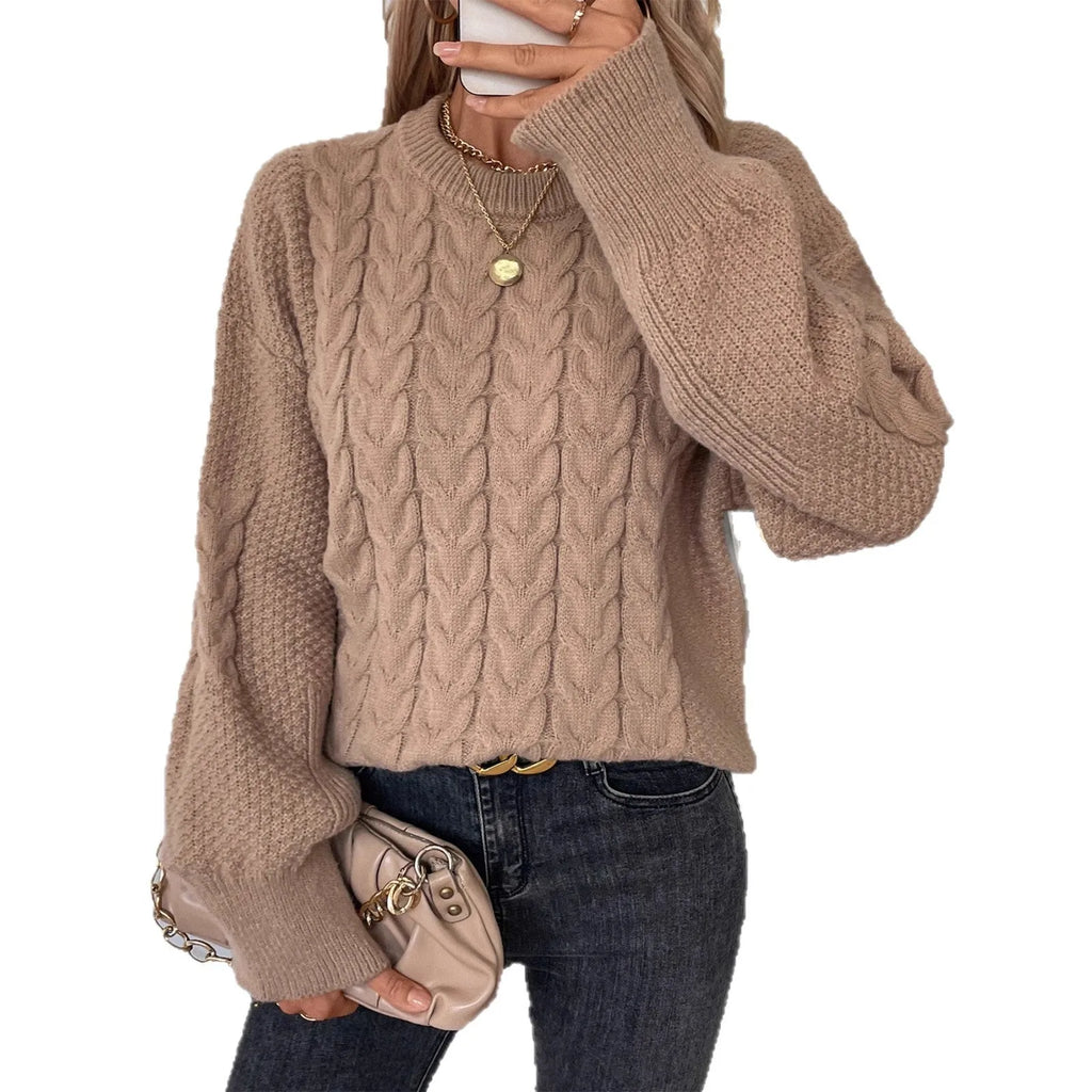 Women's khaki round neck pullover sweater with twist design detail on regular sleeves