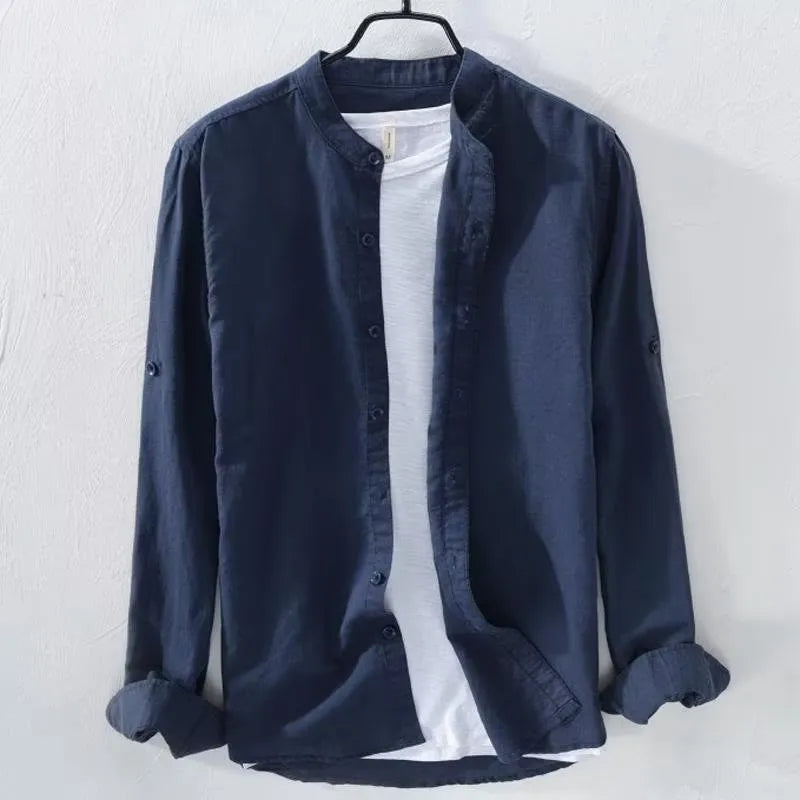 Loose fit casual long sleeve shirt in linen blend fabric, showing dark blue colour option