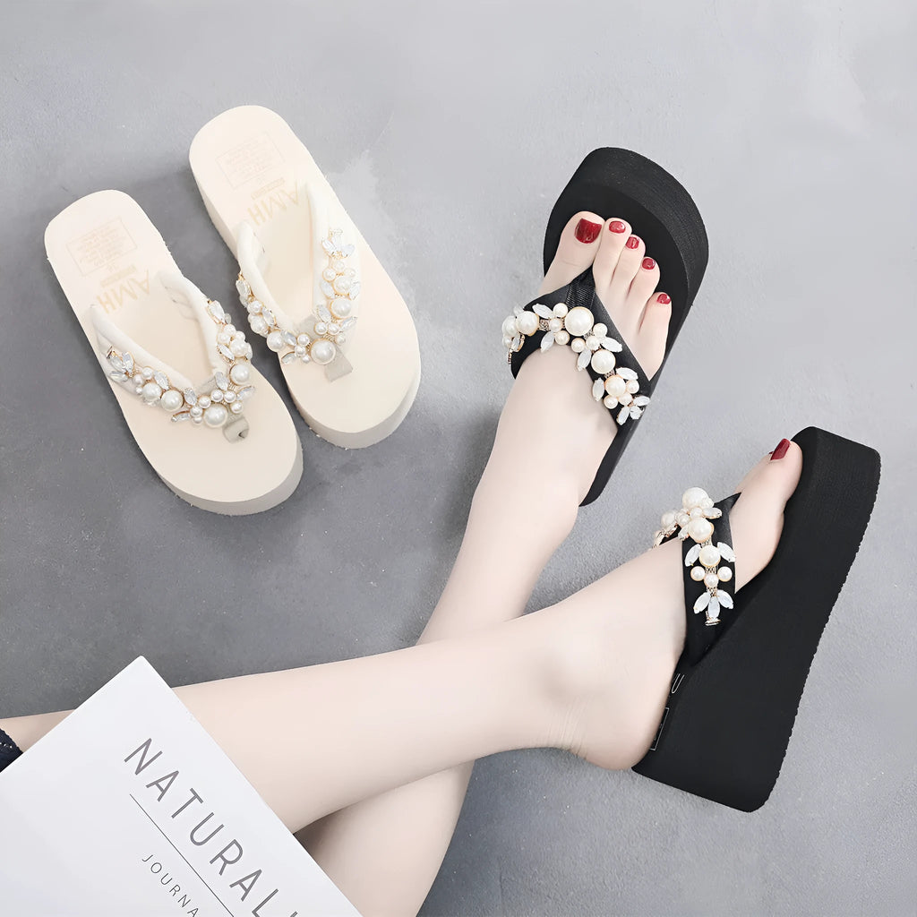 Women's beige high-heeled flip-flop slippers with a cotton cloth upper.