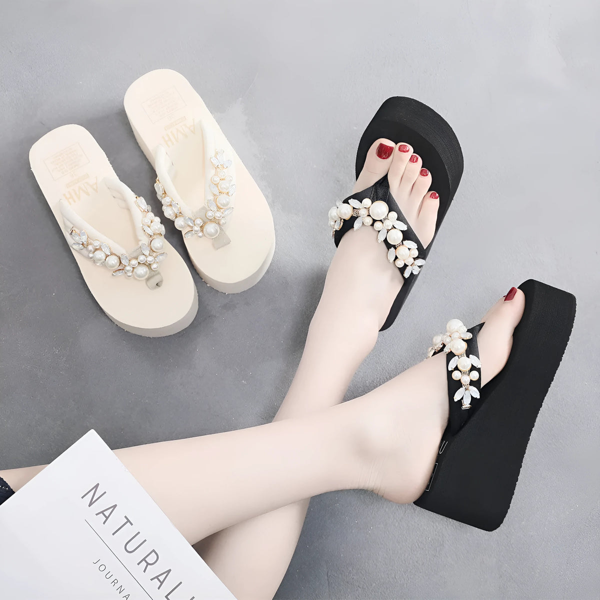 Women's beige high-heeled flip-flop slippers with a cotton cloth upper.
