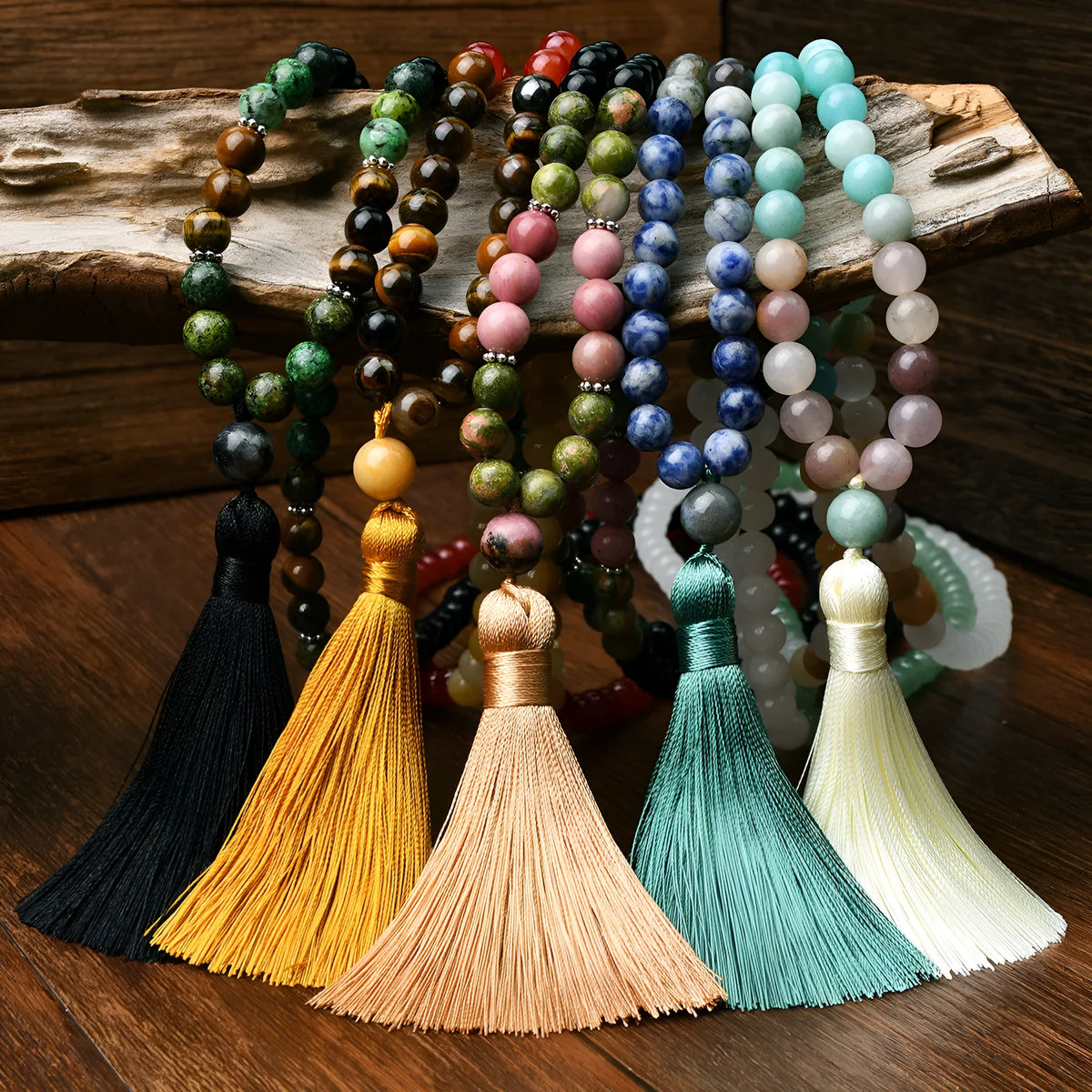 108 natural stone tassel necklace with gemstone pendant on long bead chain