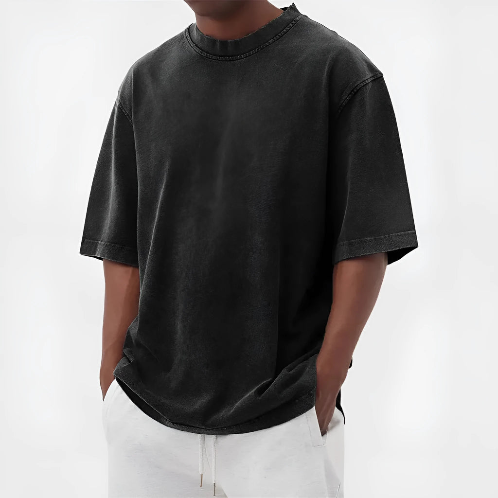 Men's stone washed polyester pullover t-shirt with distressed design in multiple colour options