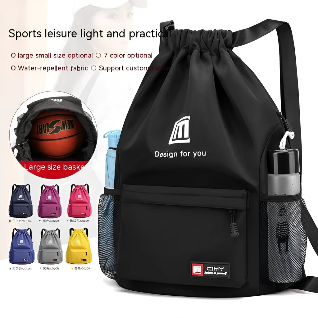 Large black drawstring backpack in soft bucket shape with pull-cord closure and double shoulder straps.