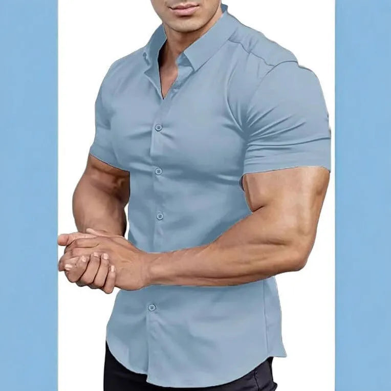 Men's short sleeve printed casual shirt with collar in cardigan style, available in multiple colours.