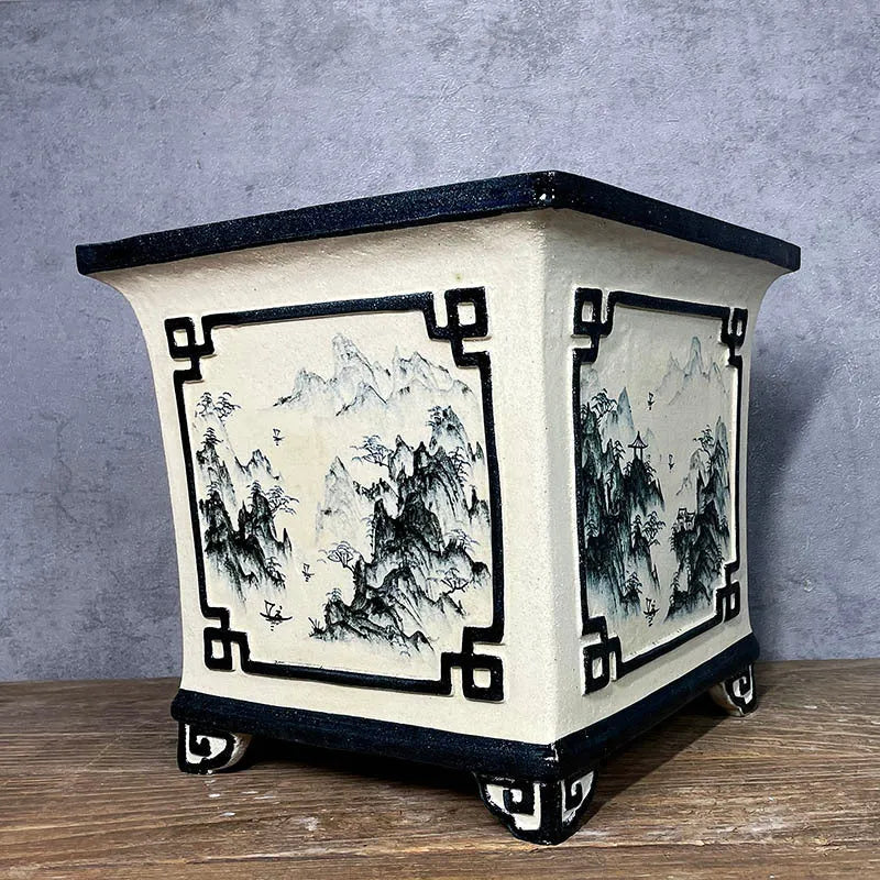 Hand painted ceramic flower pot with glazed finish and Chinese style landscape painting in Beautiful Scenery design