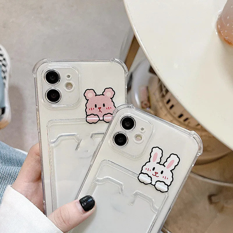 Transparent cartoon TPU phone case with card holder for Apple iPhone