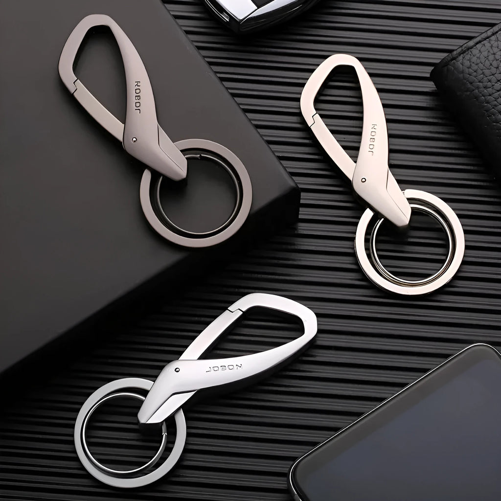 Black zinc alloy double ring keychain for waist hanging, measuring 8.3 by 3.5 centimetres.