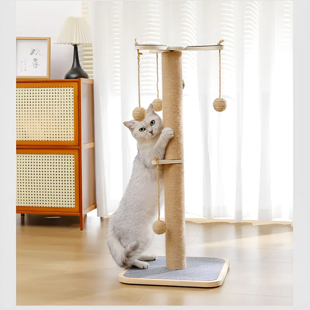 Windmill-shaped cat climbing frame with a hanging ball toy, made from pine wood with carpet leather surfaces