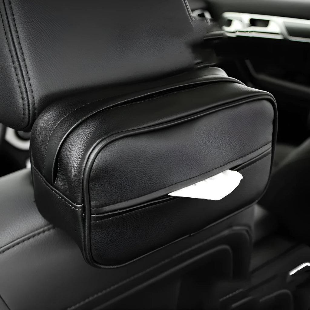 PU leather car hanging storage box in black and beige colours with paper bag construction