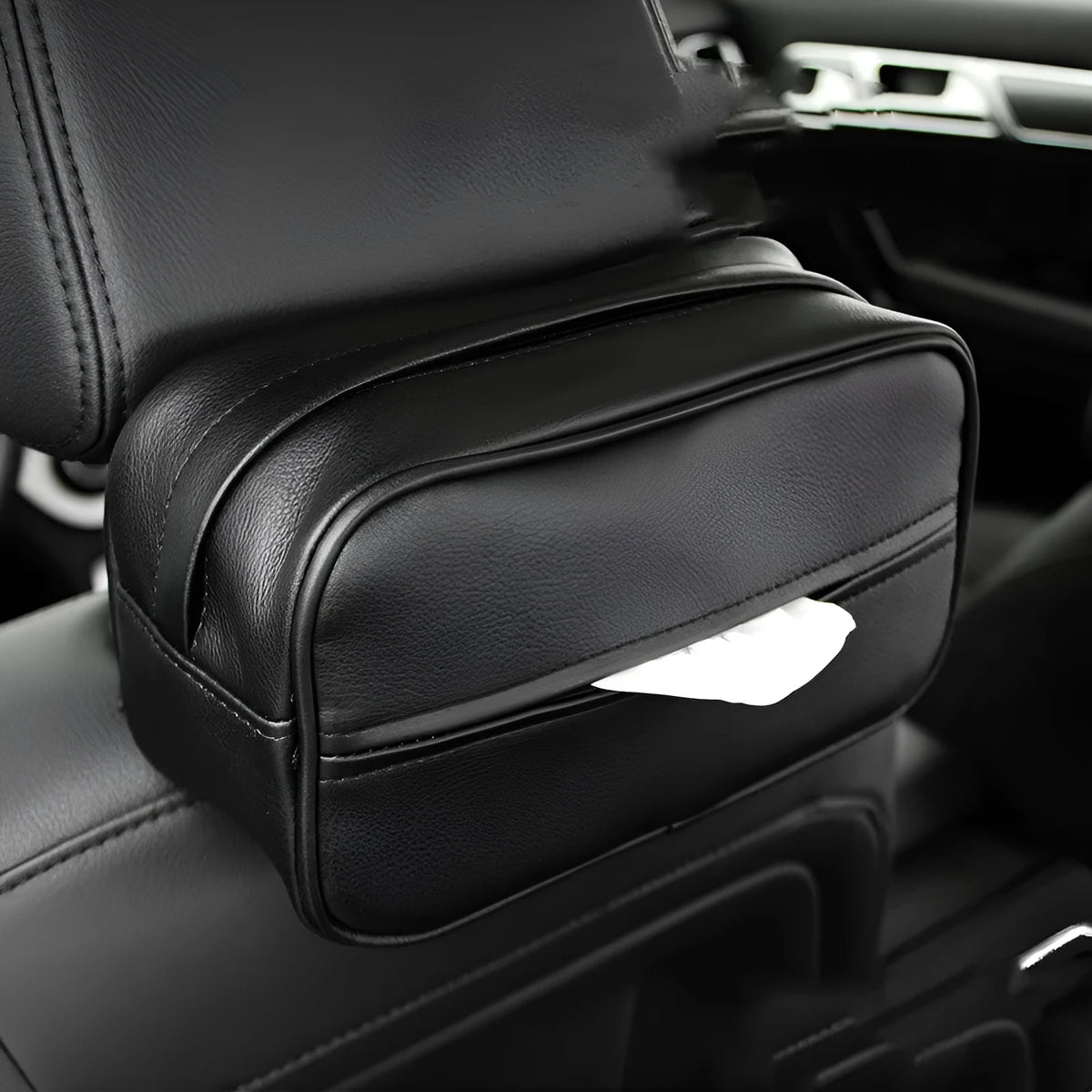 PU leather car hanging storage box in black and beige colours with paper bag construction