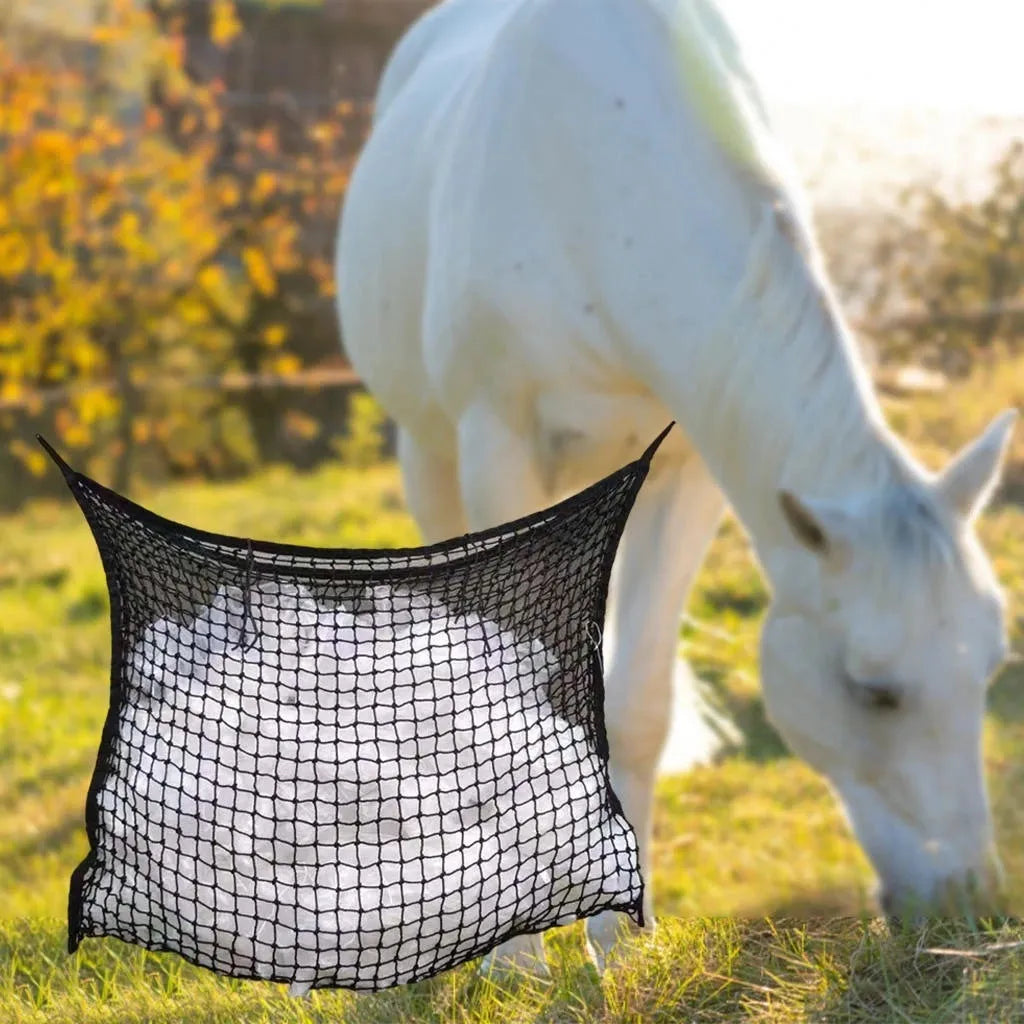 Woven grid hanging feeding bag made of PE rope, shown in black, suitable for horses and cattle.