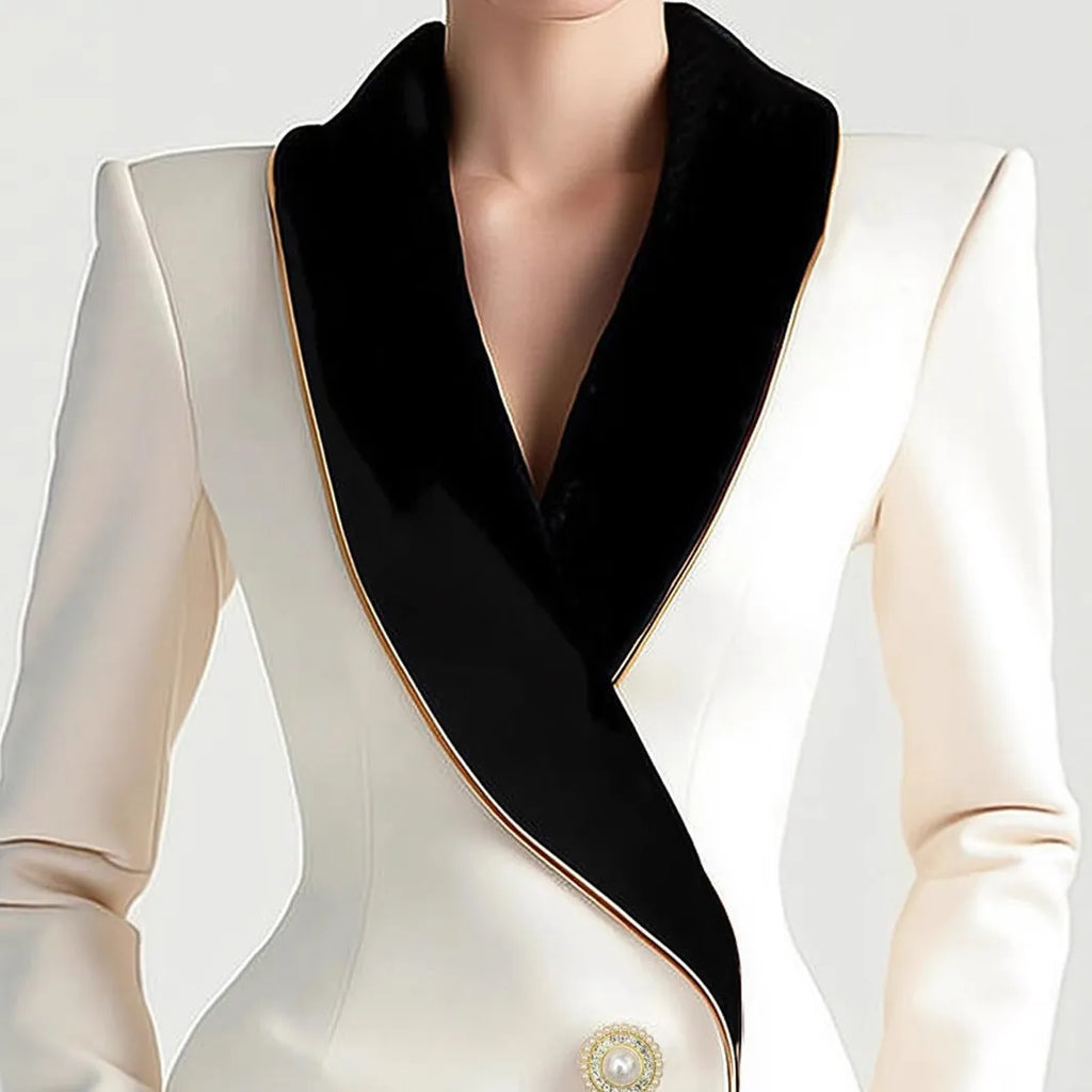 Women's beige long sleeve coat with irregular hemline and golden pearl buttons on a hanger.