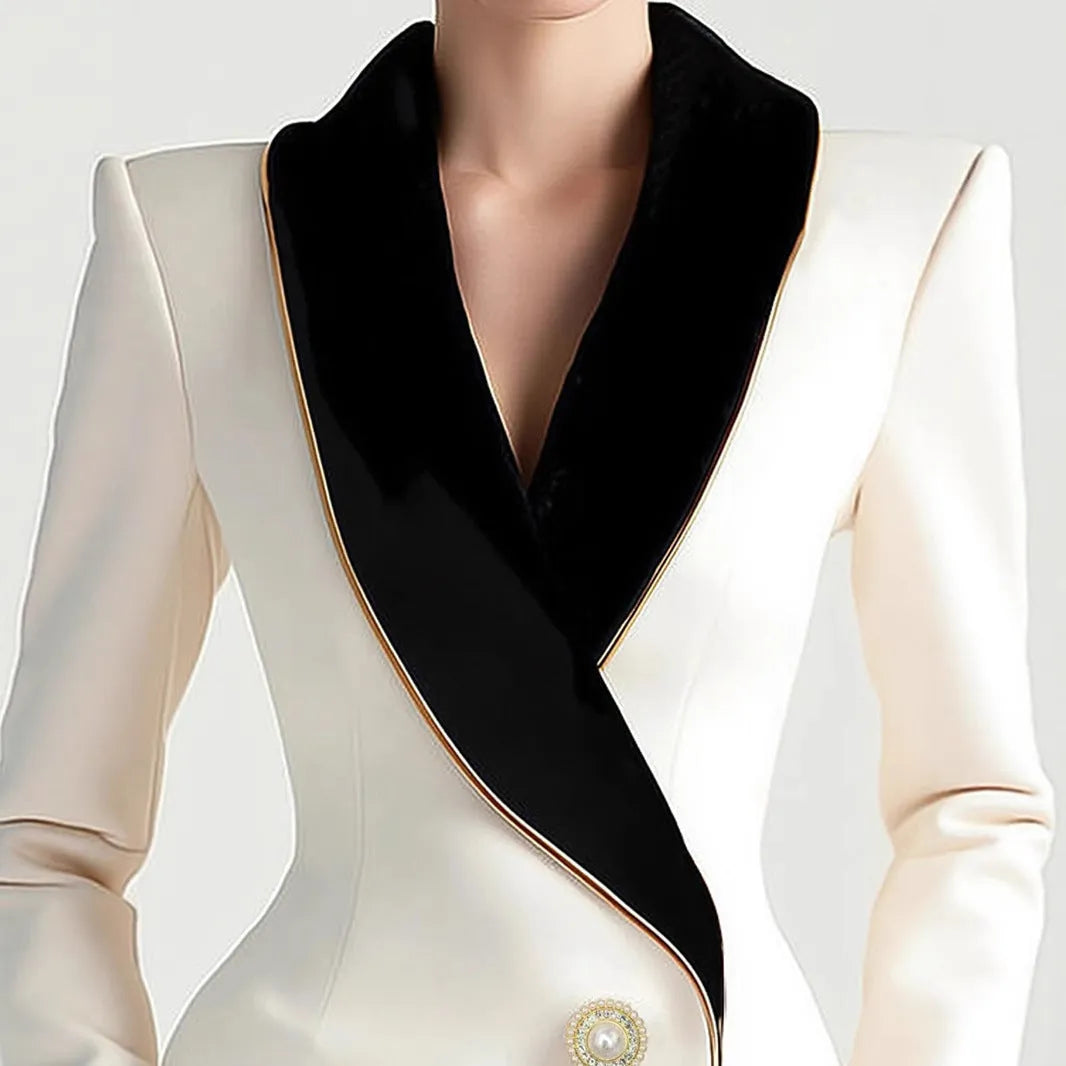Women's beige long sleeve coat with irregular hemline and golden pearl buttons on a hanger.