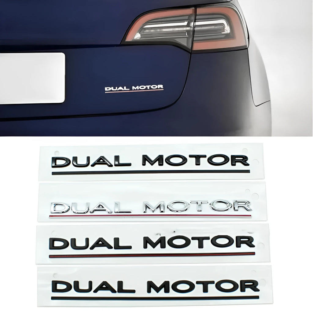 Tesla Model 3 dual motor performance badge sticker in matte black with red stripe, 19cm long.