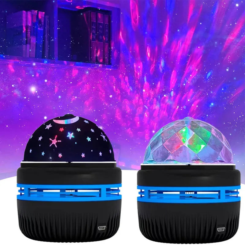 Mini crystal magic ball atmosphere projector showing starry sky and aurora light projection on a dark background.