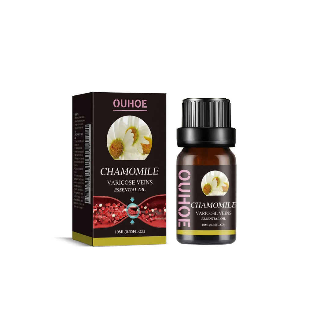10ml glass bottle of chamomile essential oil for leg skin care and massage.