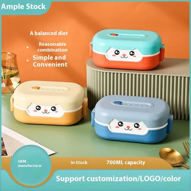 Square plastic divided lunch box in dark blue, pink and green, or orange yellow colours