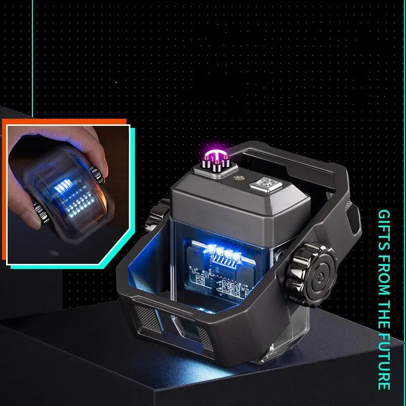 Blue zinc alloy electric pulse lighter with a glowing double arc flame and a visible rotary gyroscope mechanism.