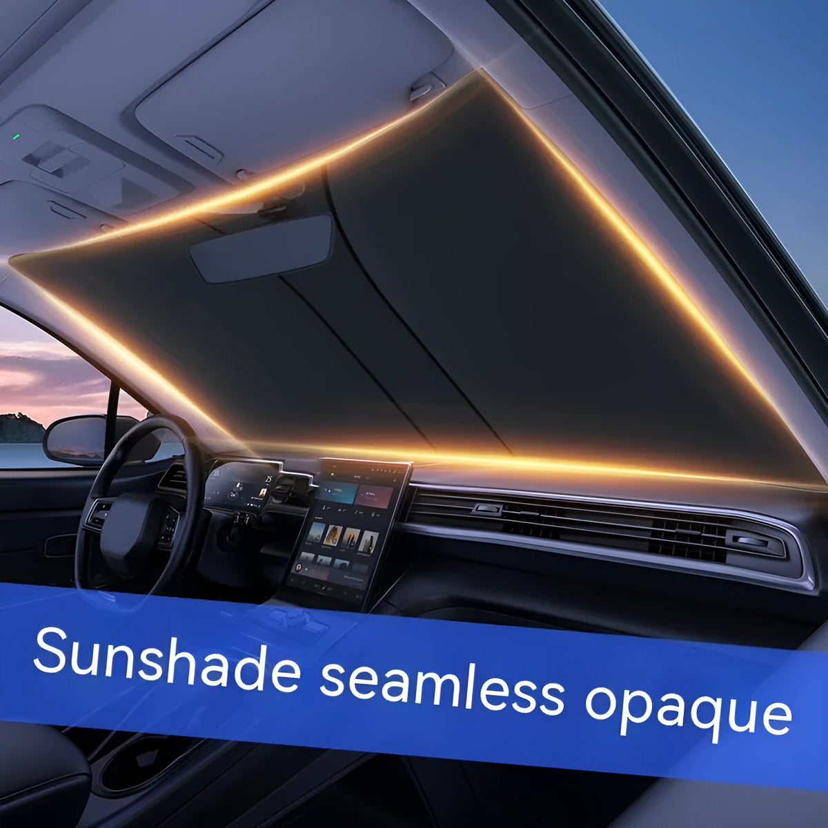 Titanium silver car sun shade with double-ring front shield construction folded for storage