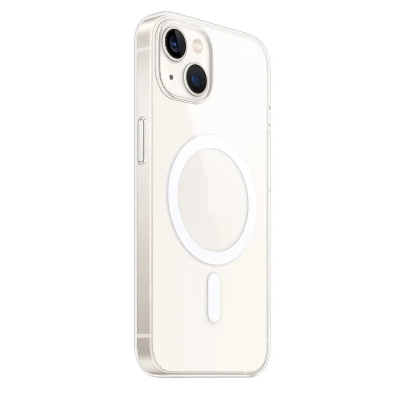 Clear magnetic back cover phone case for iPhone on a table.