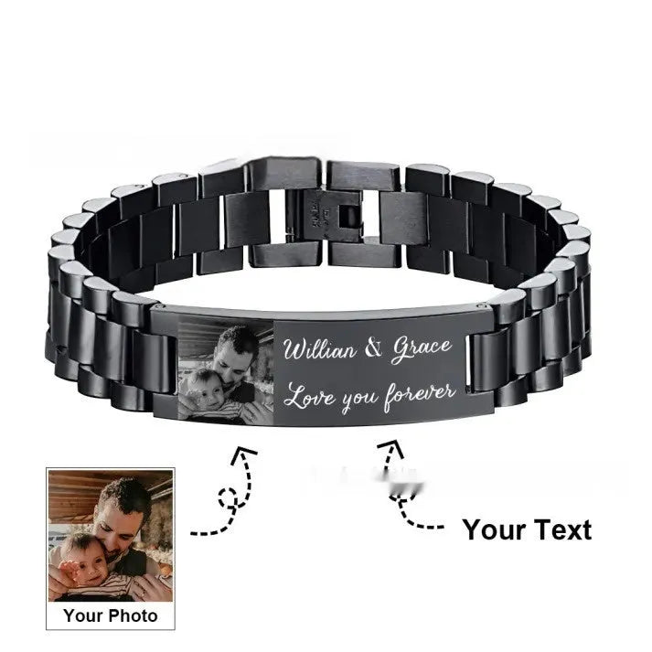 Titanium steel curved heart bracelet with black lettering on wrist