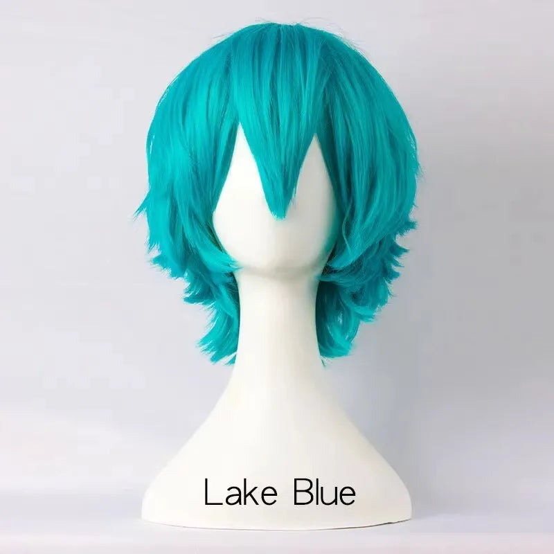 Short anime cosplay wig with a lengthened hair tail in high-temperature fibre.