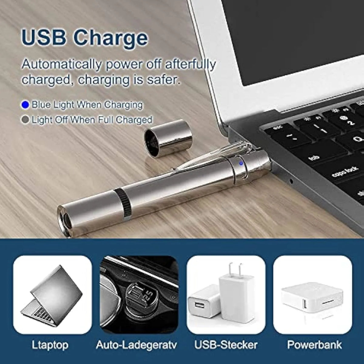 Silver aluminium cat laser toy pointer showing light patterns of a mouse and butterfly on a wall.