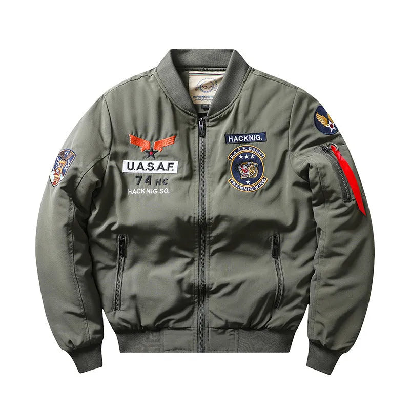 Men's blue retro cotton-padded coat with stand collar, embroidery, and patch pockets.