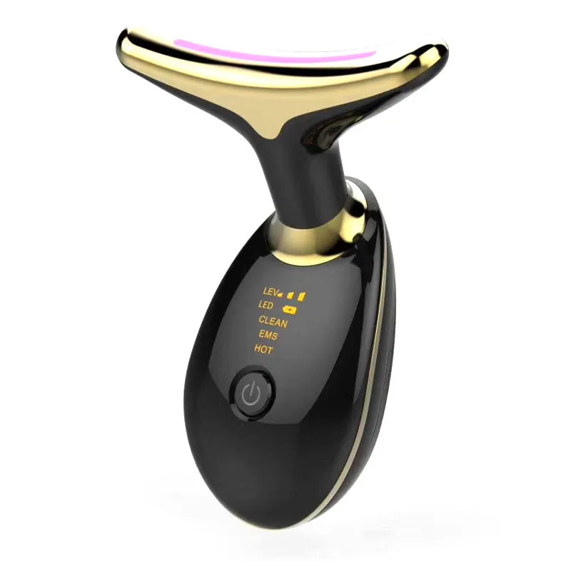 EMS thermal neck lifting massager device with LED lights, USB cable, and moisturiser.