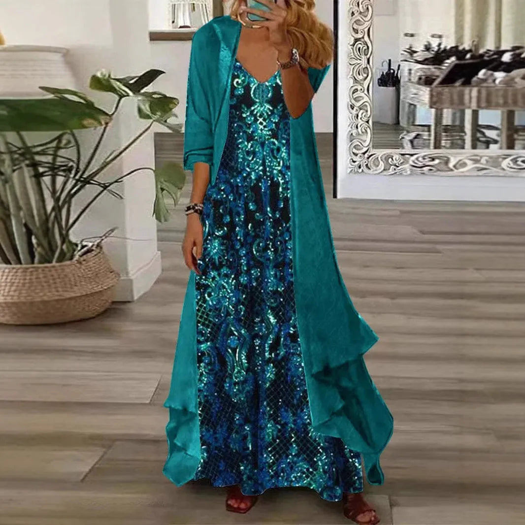 Plus size women's blue V-neck strap top and long skirt set with crocheted flowers and 3D effect