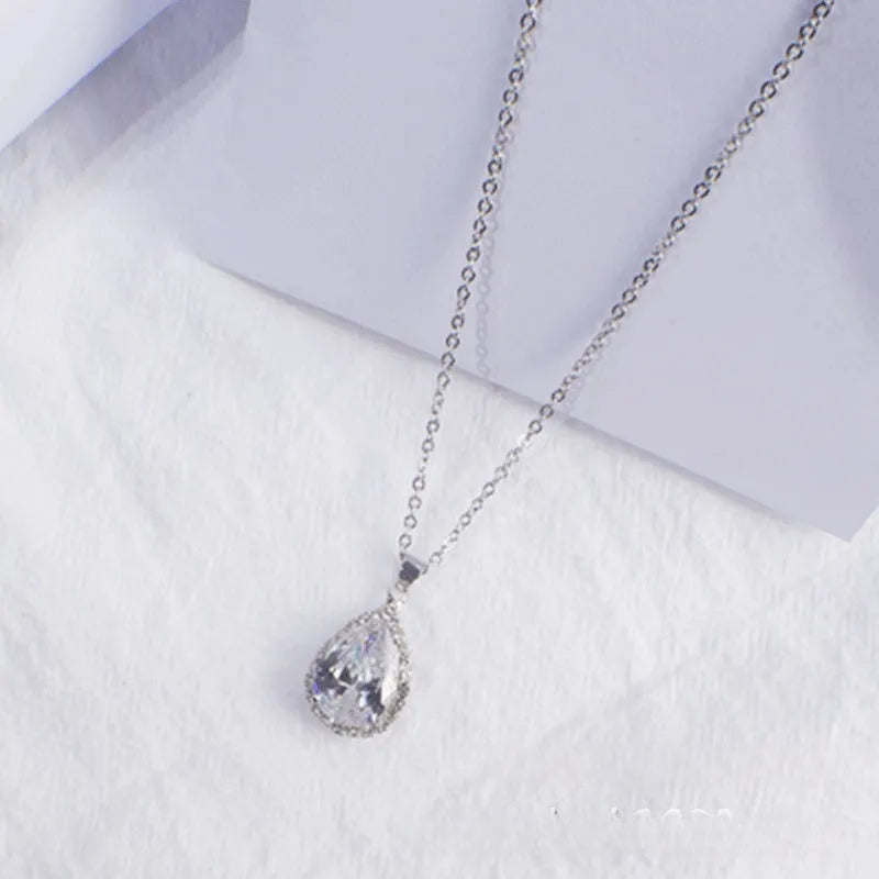 Rose gold pink women's geometric rhinestone necklace with drop shape pendant