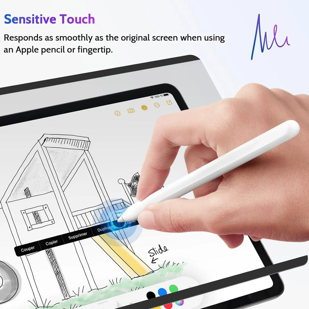 Magnetic suction privacy screen protector film for iPad with paper-like finish and storage clip.