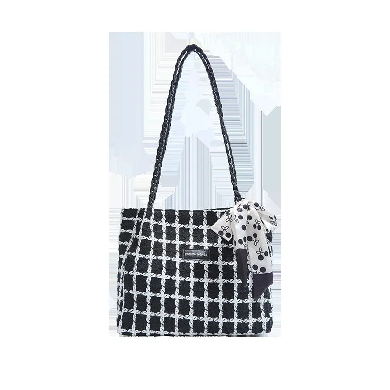 Black woolen shoulder bag with horizontal square shape and internal organisation compartments