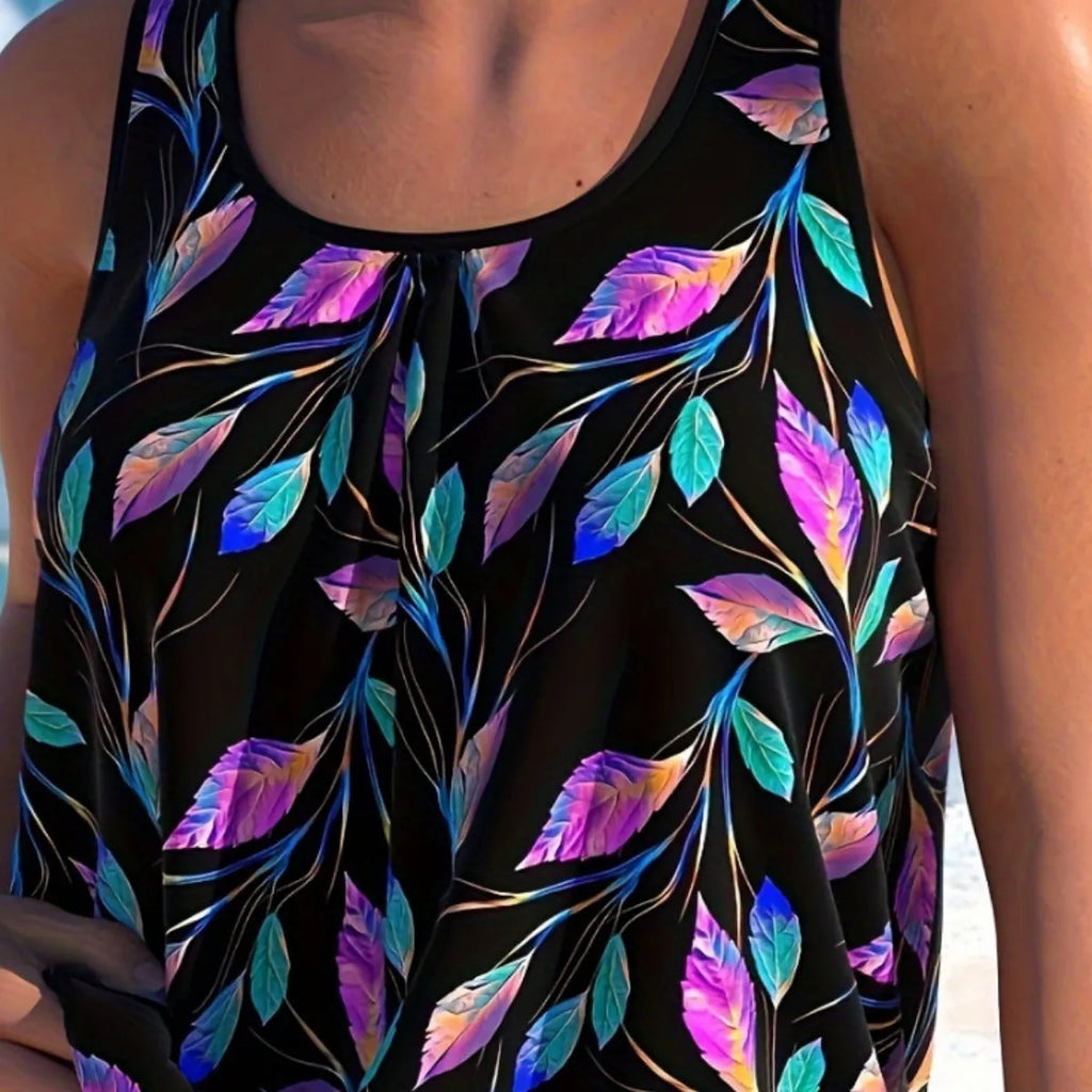 Women's leaf pattern swimsuit bikini set in pure colour with separate top and shorts