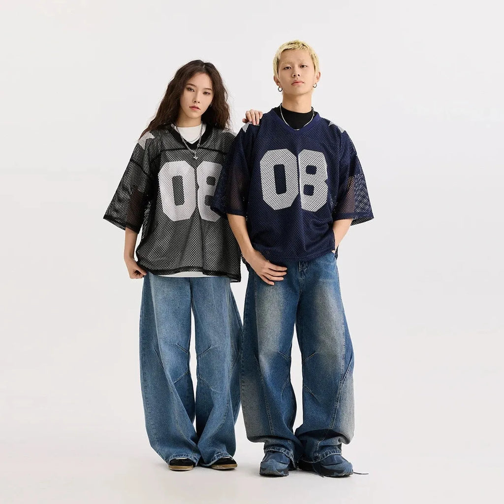 Loose fit half sleeve pullover shirt with letter pattern in black or navy blue