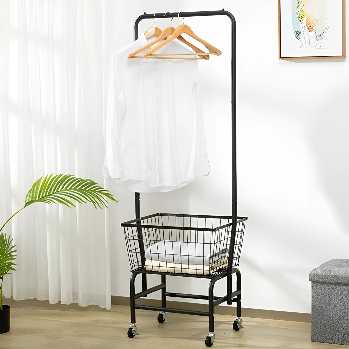 Iron single rod pulley storage car hanger system in black or white for wardrobe organisation