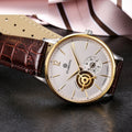 Men's automatic mechanical watch with hollow skeleton dial showing movement through sapphire glass