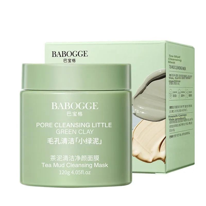 Tea mud cleansing clay facial mask in a 120ml container for deep cleansing.