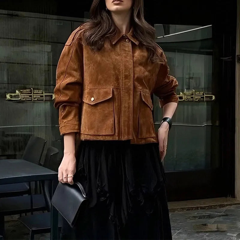 Women's brown suede-look coat with regular sleeves shown in S-3XL size range