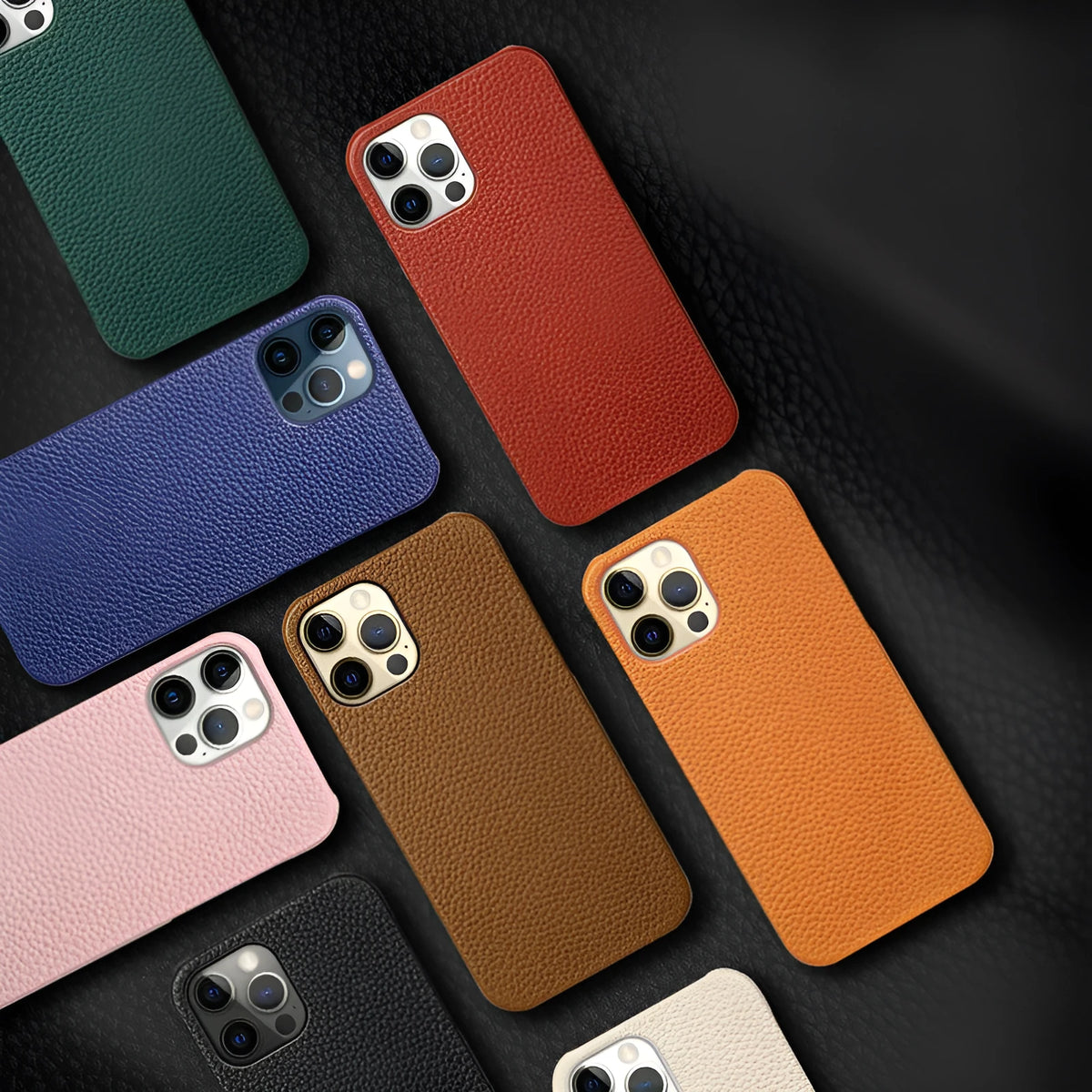 Genuine leather half-frame protective case for iPhone on a table in beige colour.