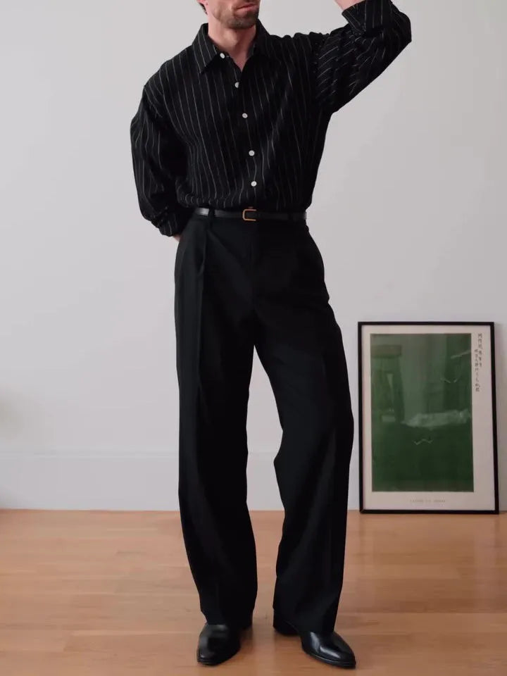 Men's black pinstriped button-down shirt with regular fit and striped design