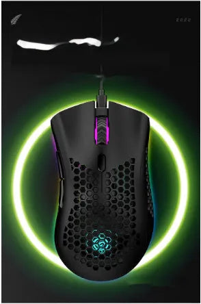 Wireless hollow-out computer mouse with glowing side panels in cyan colour